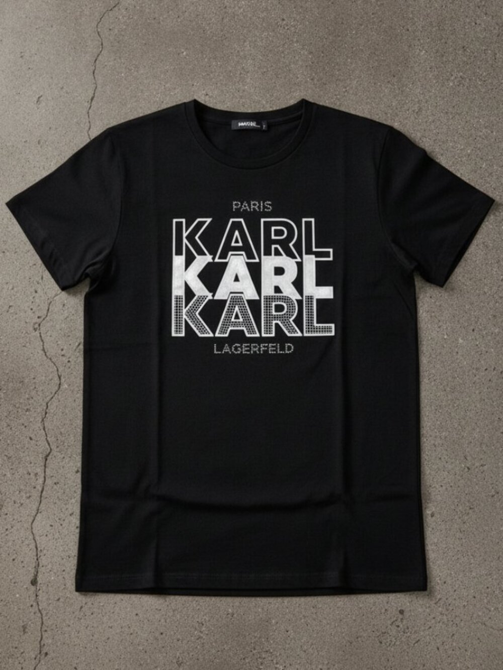 Karl Lagerfeld Paris Logo Rhinestone Bold Graphic Black T-Shirt